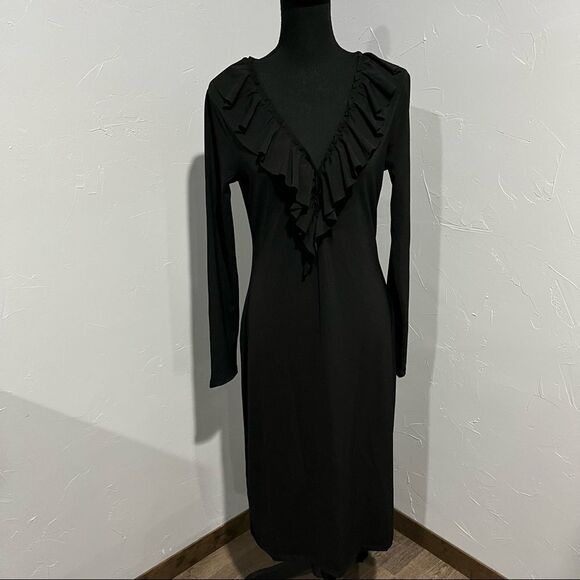 𝅺VINTAGE Ralph Lauren Women’s  Ruffled Long Sleeves Wear to Work Dress Black M   - Picture 1 of 5